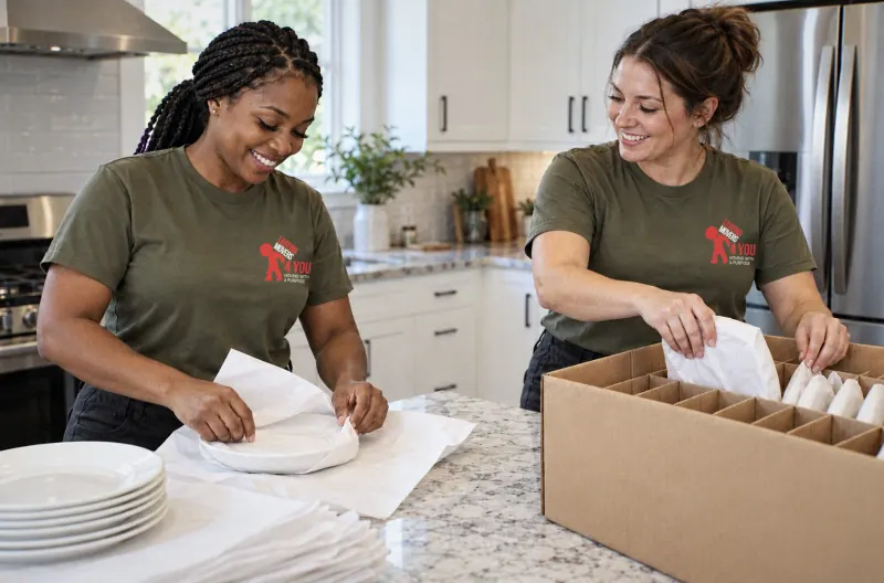 Legend Movers 4 You packers wrapping dishes and glassware in an Orlando kitchen