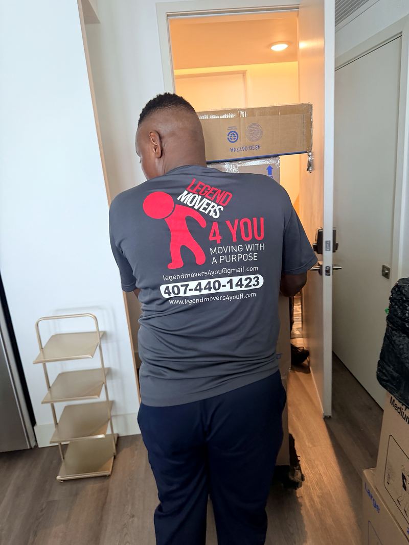 Mover carrying boxes into an apartment