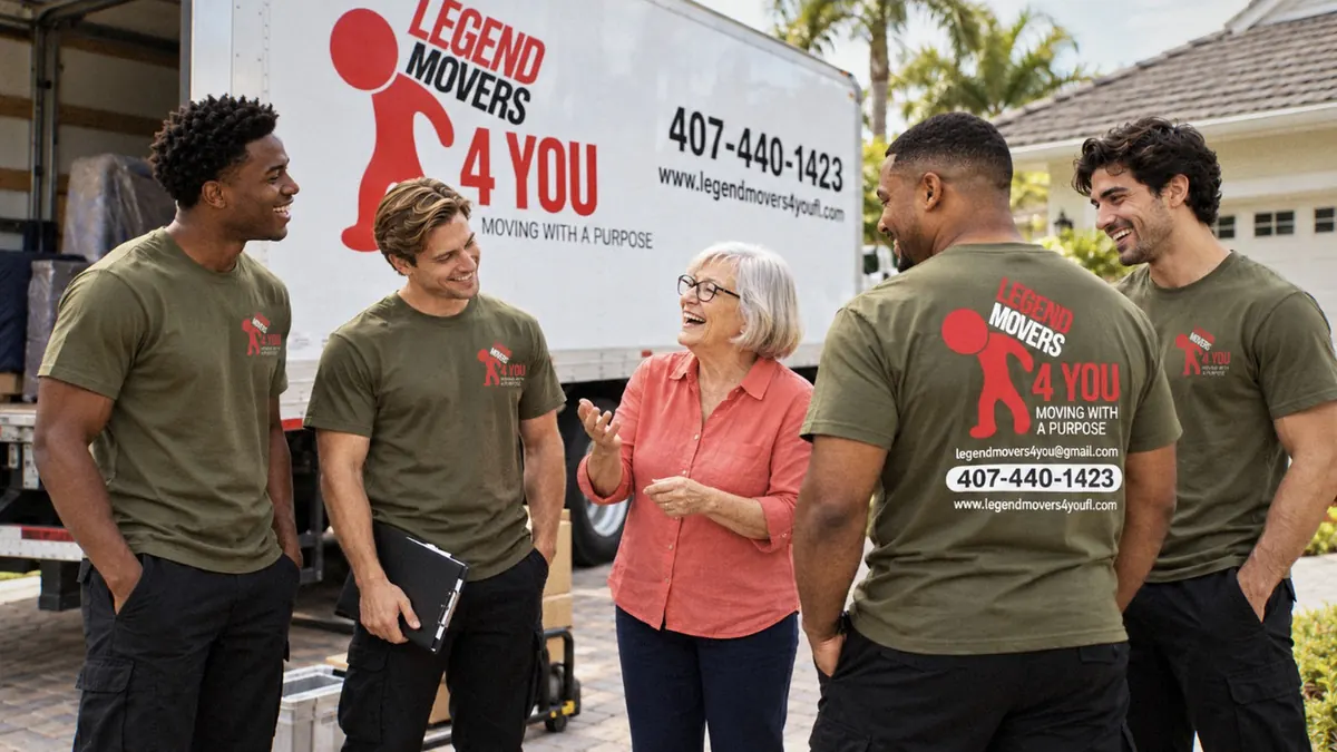Legend Movers 4 You moving crew talking with a homeowner in Orlando, FL