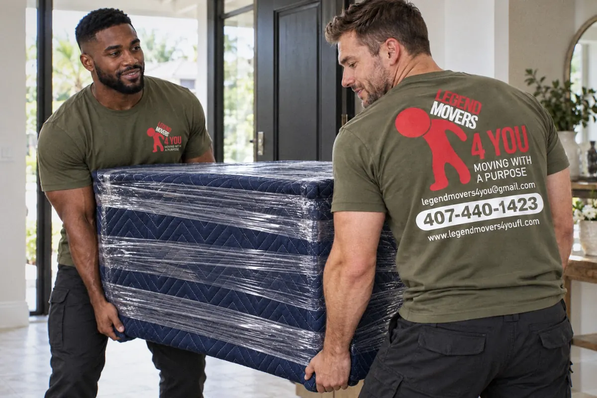 Legend Movers 4 You movers carrying wrapped furniture in Orlando, FL