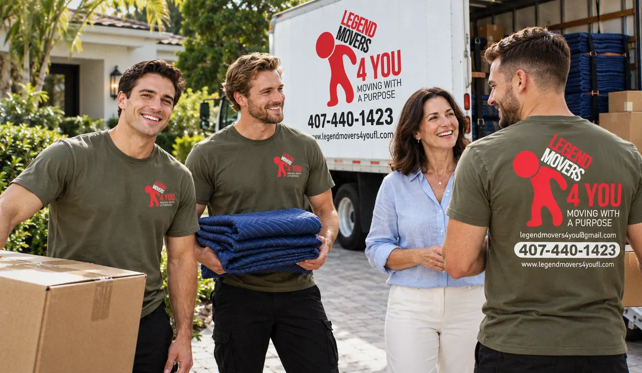 Legend Movers 4 You moving crew with a homeowner and moving truck in Orlando, FL