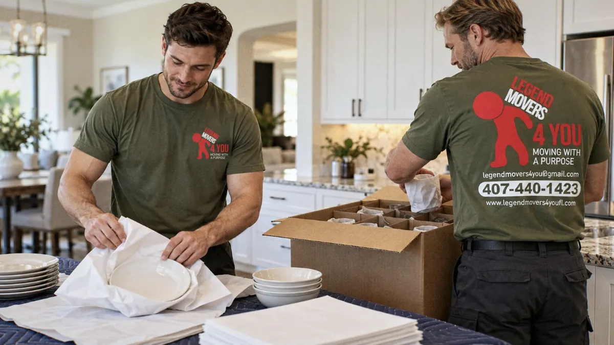 Legend Movers 4 You movers packing dishes for a move in Orlando, FL