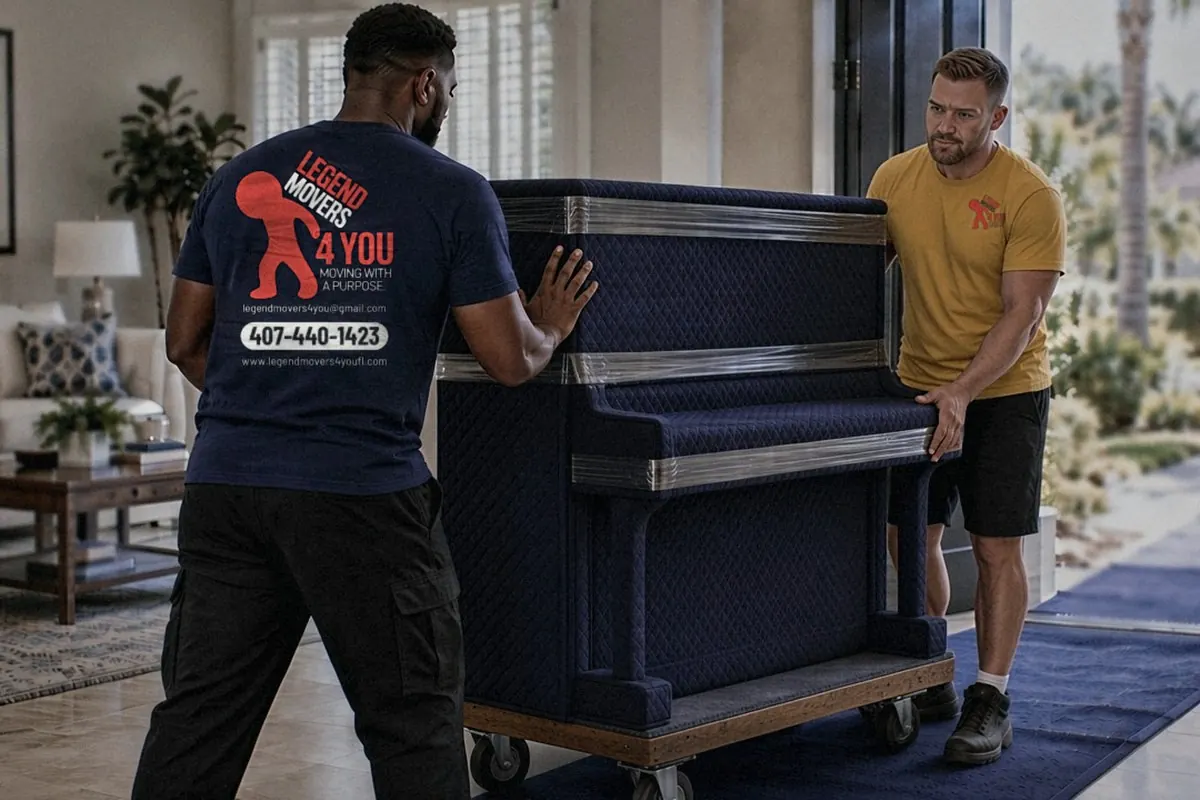 Legend Movers 4 You movers moving a wrapped upright piano on a dolly in Orlando, FL