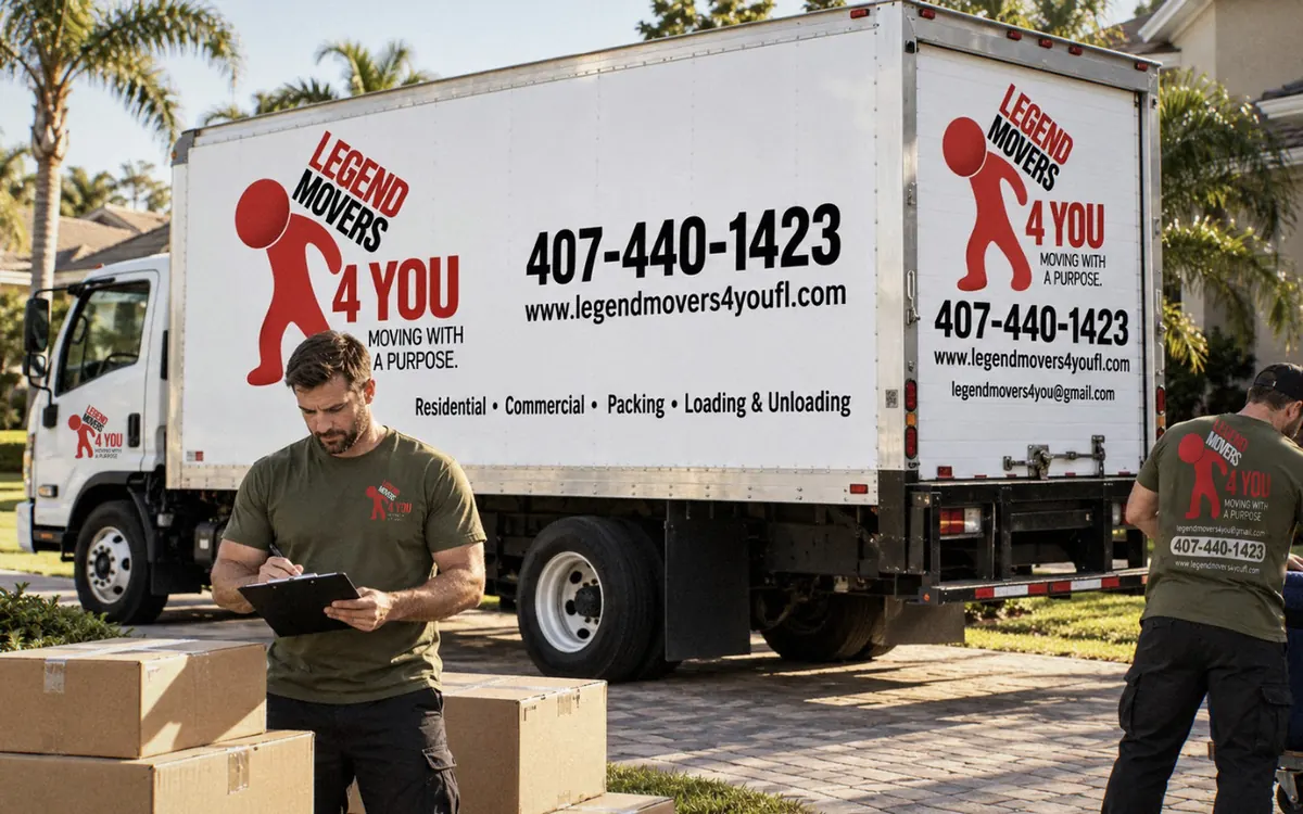 Legend Movers 4 You moving truck and crew at a home in Orlando, FL